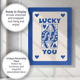 Lucky You Blue Playing Card Queen Typography Illustration Canvas Wall Art Print Decor Picture Ready to Hang