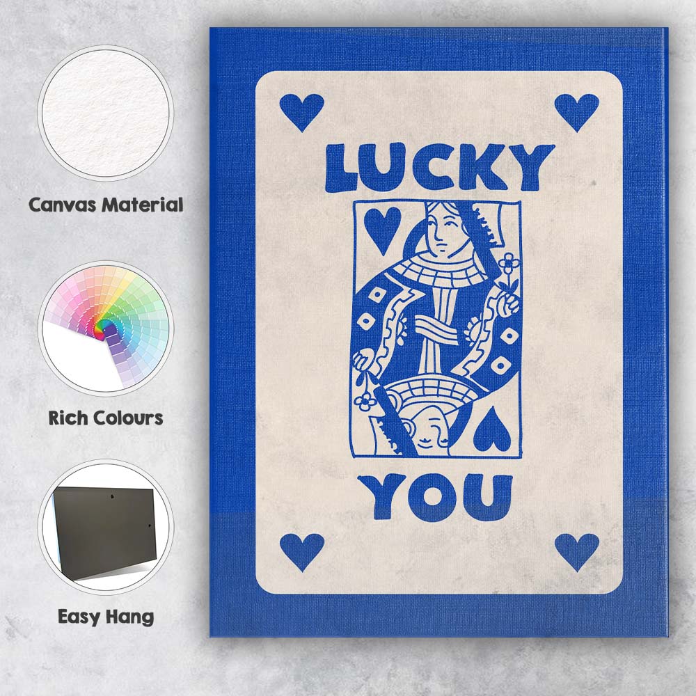 Lucky You Blue Playing Card Queen Typography Illustration Canvas Wall Art Print Decor Picture Ready to Hang