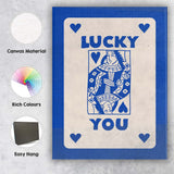 Lucky You Blue Playing Card Queen Typography Illustration Canvas Wall Art Print Decor Picture Ready to Hang