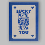 Lucky You Blue Playing Card Queen Typography Illustration Canvas Wall Art Print Decor Picture Ready to Hang