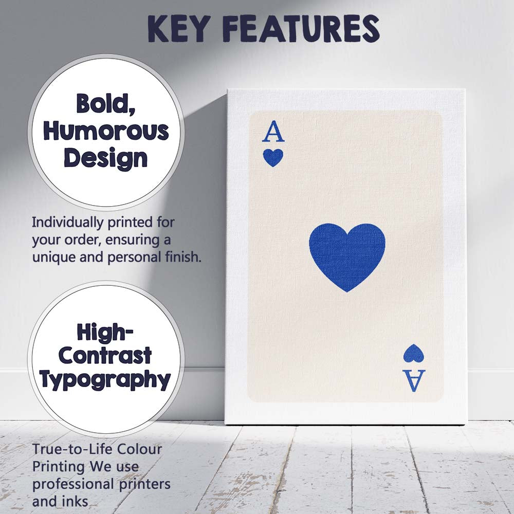Minimalist Navy Blue Heart Playing Card Ace Illustration Canvas Wall Art Print Decor Picture Ready to Hang