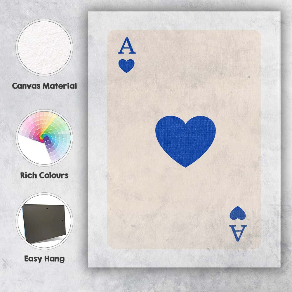 Minimalist Navy Blue Heart Playing Card Ace Illustration Canvas Wall Art Print Decor Picture Ready to Hang