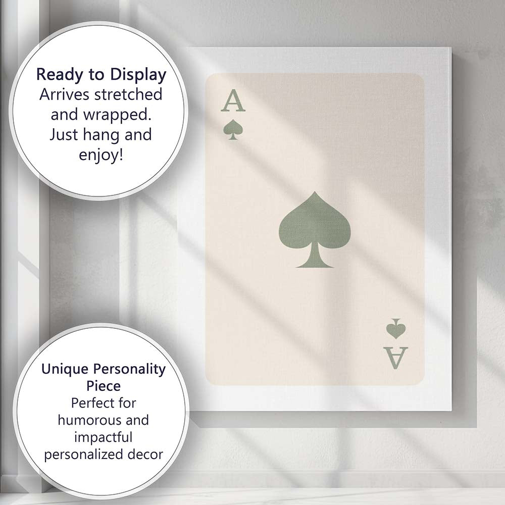 Minimalist Sage Green Spade Playing Card Ace Illustration Canvas Wall Art Print Decor Picture Ready to Hang