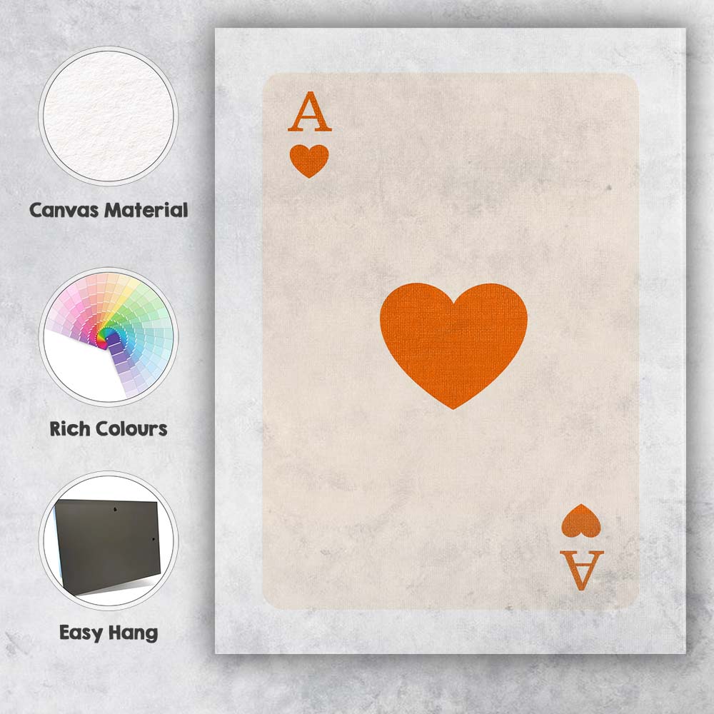 Minimalist Burnt Orange Heart Playing Card Ace Illustration Canvas Wall Art Print Decor Picture Ready to Hang