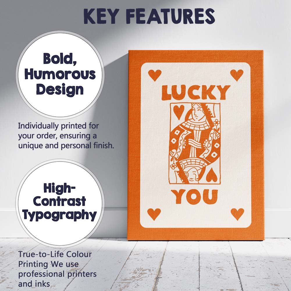 Lucky You Burnt Orange Playing Card Queen Typography Illustration Canvas Wall Art Print Decor Picture Ready to Hang