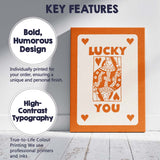 Lucky You Burnt Orange Playing Card Queen Typography Illustration Canvas Wall Art Print Decor Picture Ready to Hang
