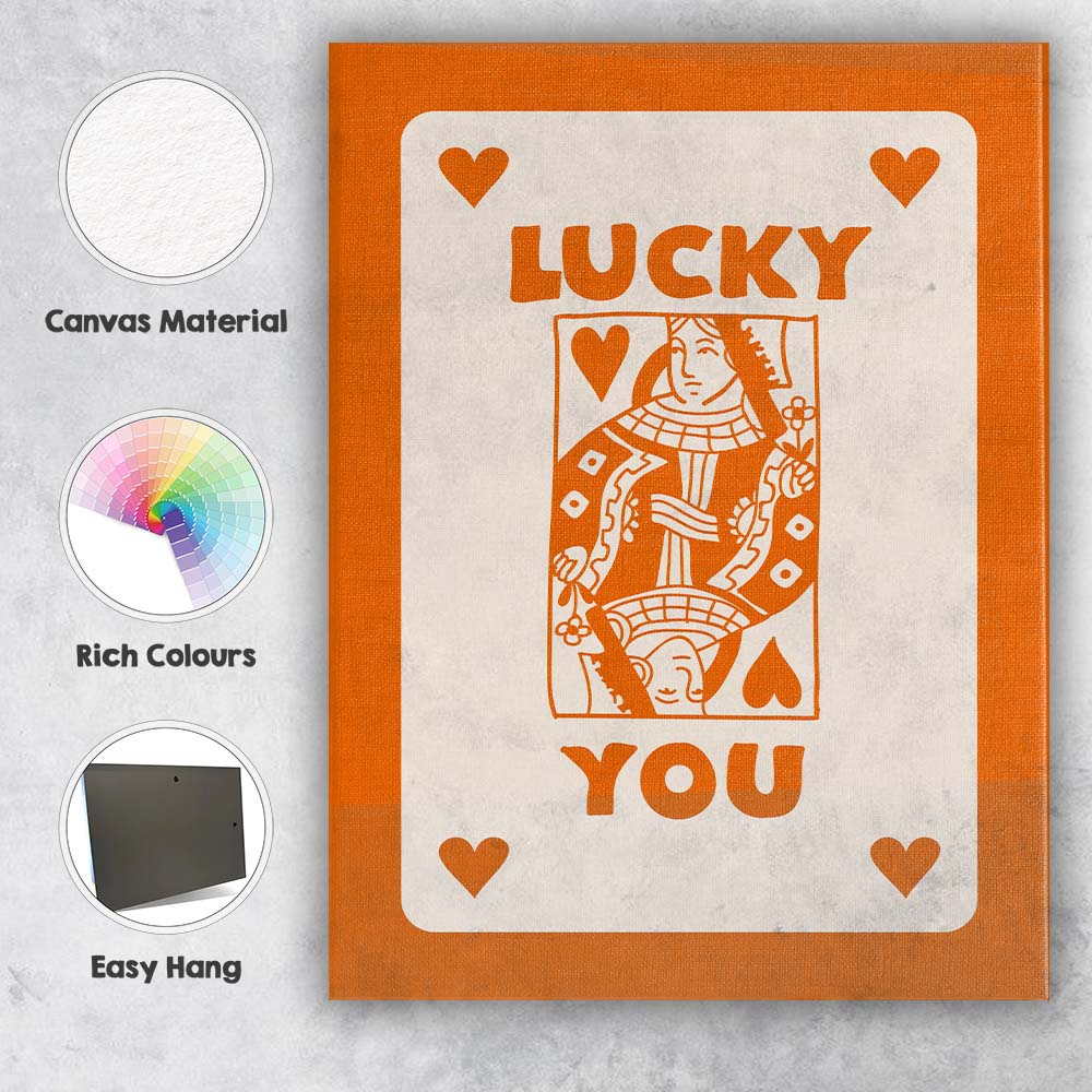 Lucky You Burnt Orange Playing Card Queen Typography Illustration Canvas Wall Art Print Decor Picture Ready to Hang