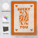 Lucky You Burnt Orange Playing Card Queen Typography Illustration Canvas Wall Art Print Decor Picture Ready to Hang
