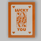 Lucky You Burnt Orange Playing Card Queen Typography Illustration Canvas Wall Art Print Decor Picture Ready to Hang