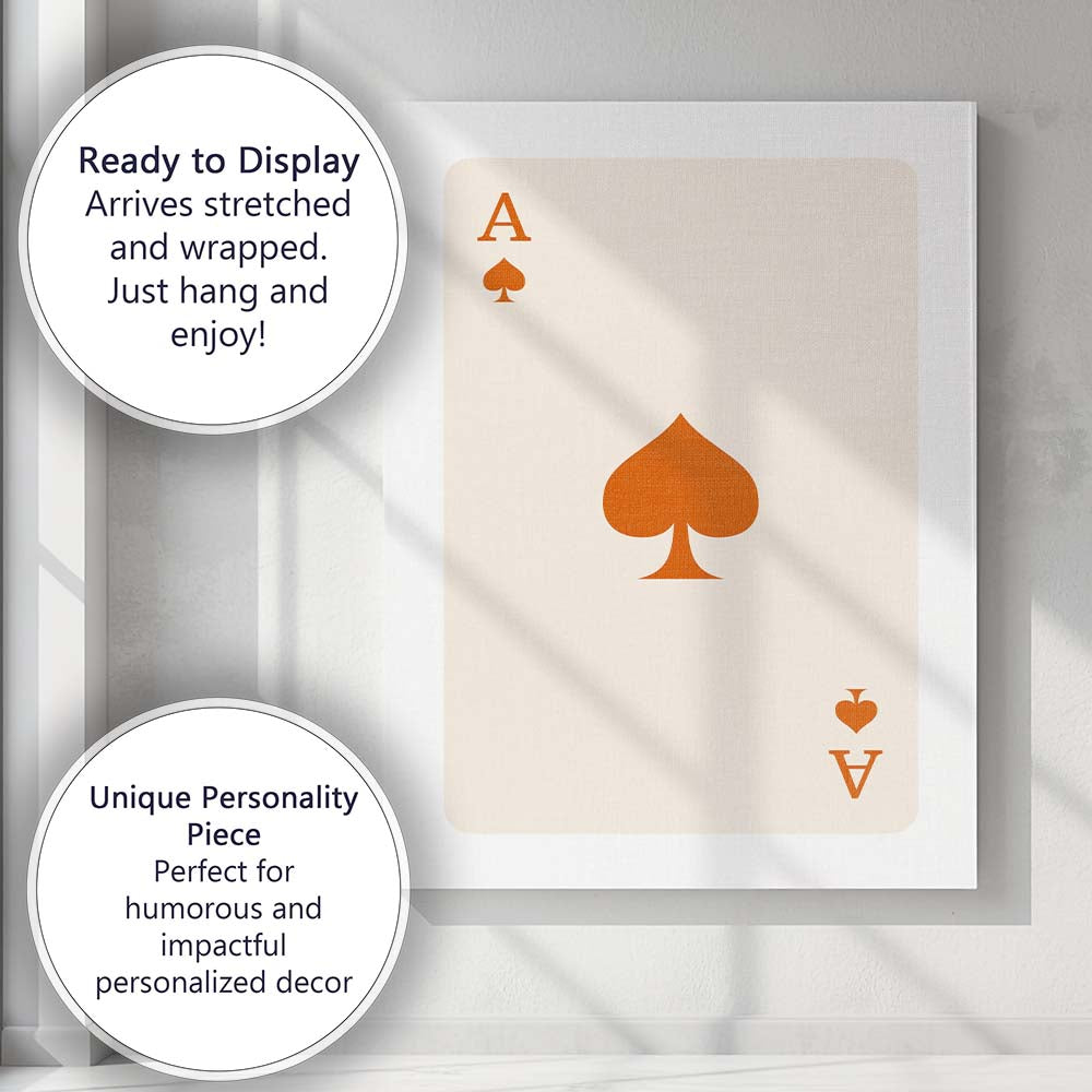 Minimalist Burnt Orange Spade Playing Card Ace Illustration Canvas Wall Art Print Decor Picture Ready to Hang