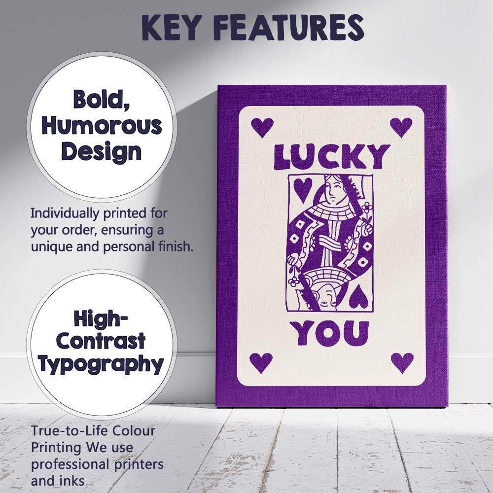 Lucky You Purple Playing Card Queen Typography Illustration Canvas Wall Art Print Decor Picture Ready to Hang