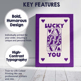 Lucky You Purple Playing Card Queen Typography Illustration Canvas Wall Art Print Decor Picture Ready to Hang