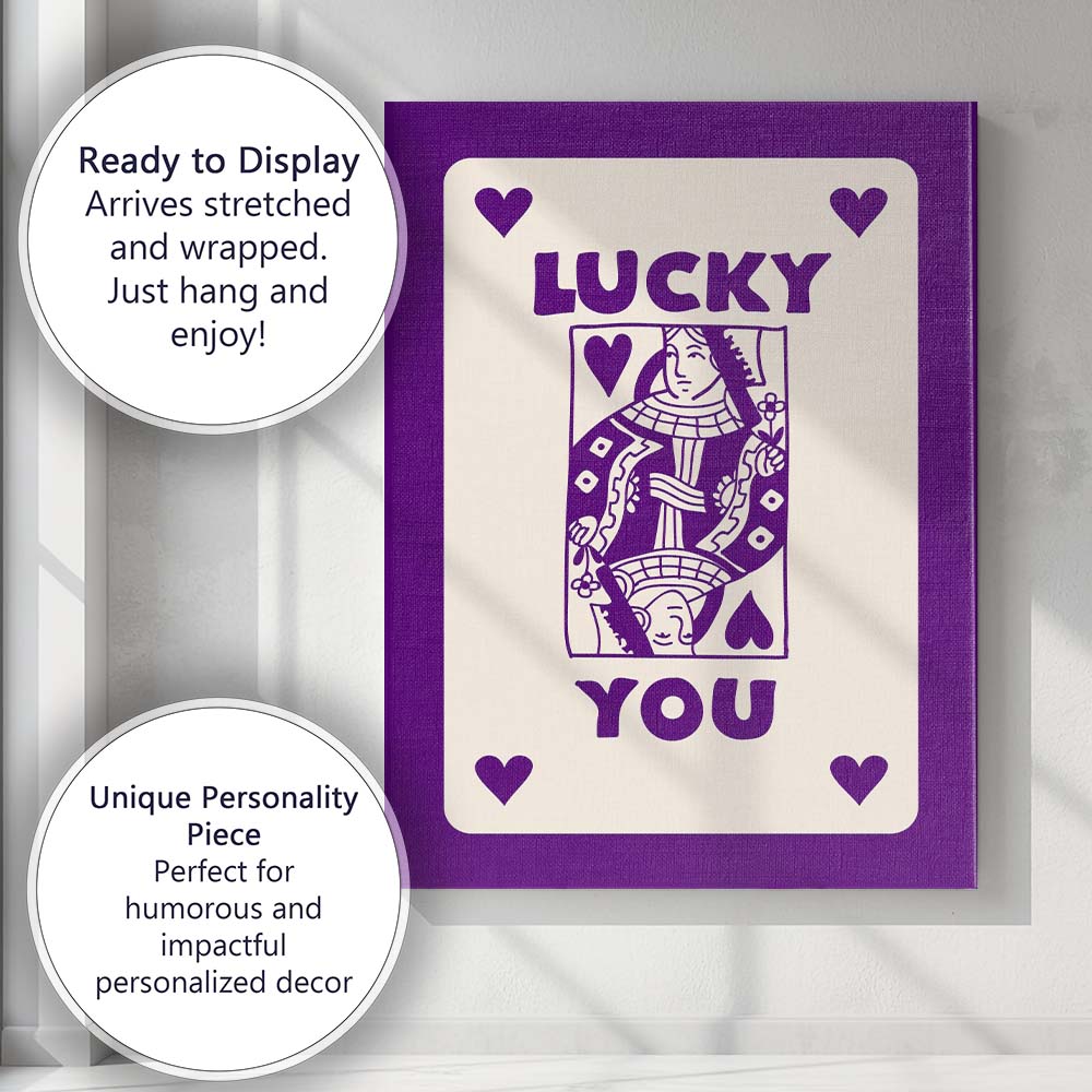 Lucky You Purple Playing Card Queen Typography Illustration Canvas Wall Art Print Decor Picture Ready to Hang