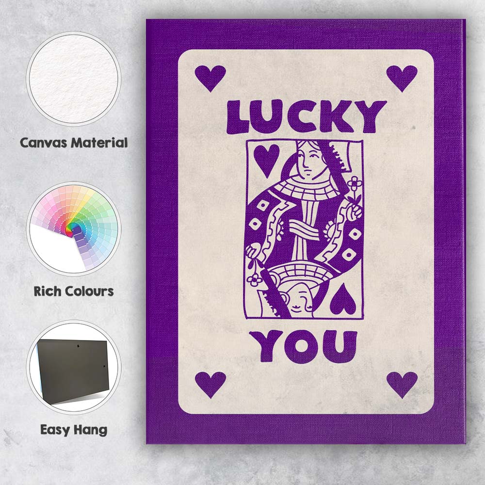 Lucky You Purple Playing Card Queen Typography Illustration Canvas Wall Art Print Decor Picture Ready to Hang