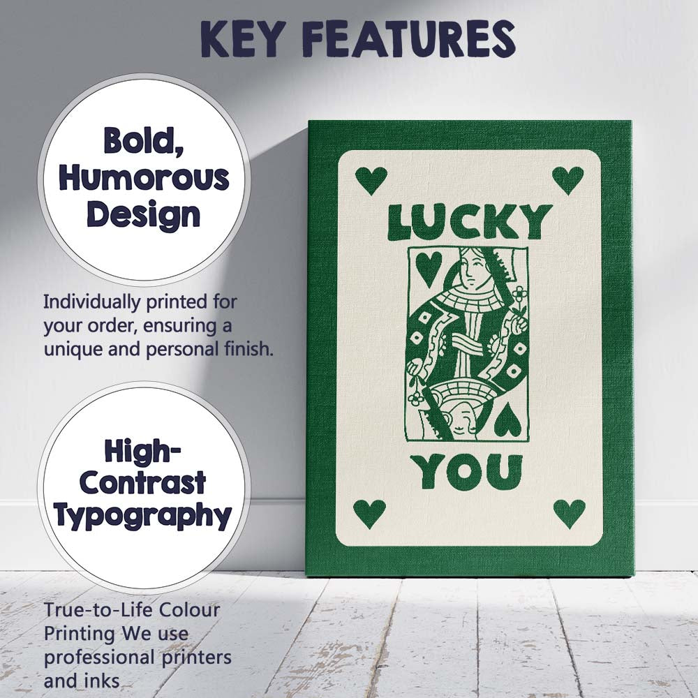 Lucky Forest Green Playing Card Queen Typography Illustration Canvas Wall Art Print Decor Picture Ready to Hang