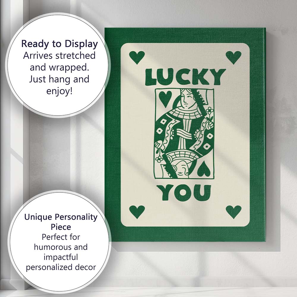 Lucky Forest Green Playing Card Queen Typography Illustration Canvas Wall Art Print Decor Picture Ready to Hang