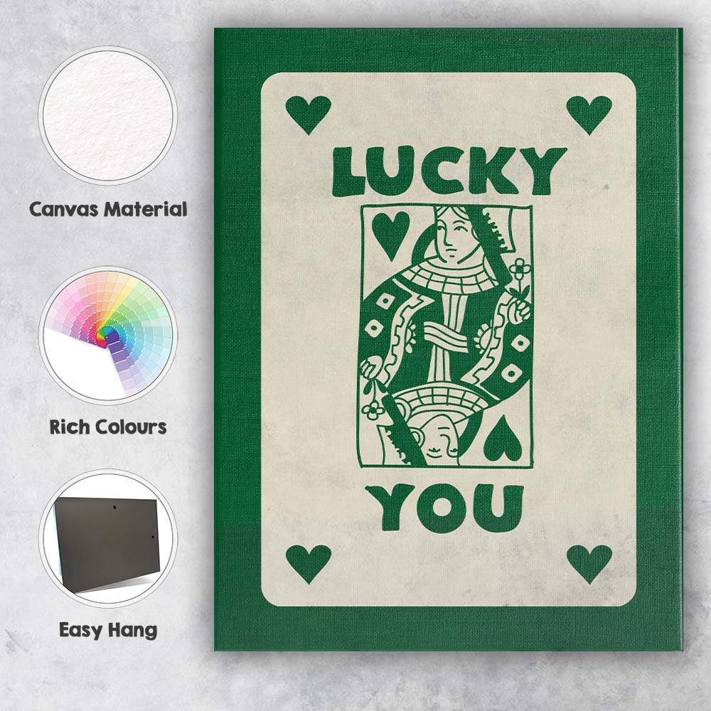Lucky Forest Green Playing Card Queen Typography Illustration Canvas Wall Art Print Decor Picture Ready to Hang