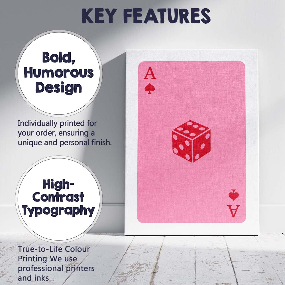 Pink Lucky Dice Playing Card Ace Illustration Canvas Wall Art Print Decor Picture Ready to Hang