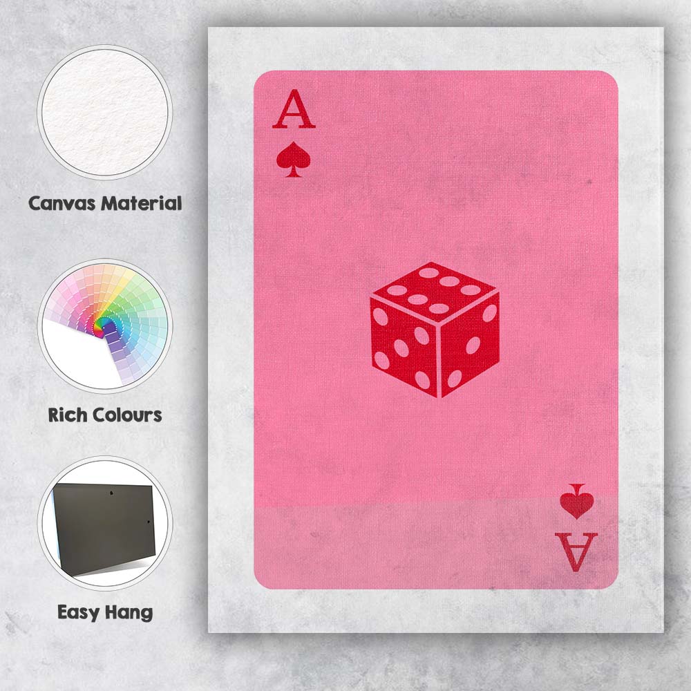 Pink Lucky Dice Playing Card Ace Illustration Canvas Wall Art Print Decor Picture Ready to Hang