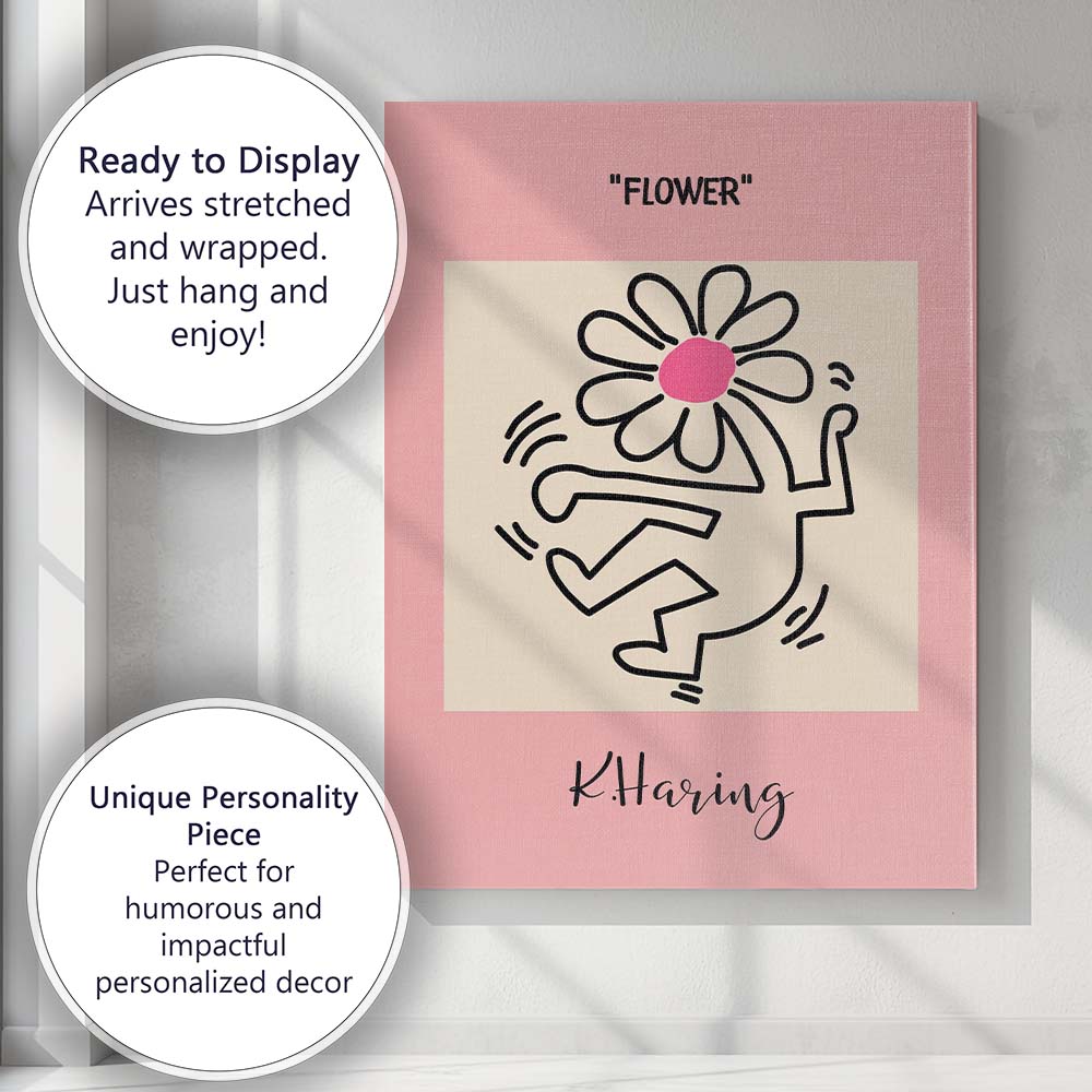 Pink Dancing Flower Figure Keith Haring Inspired Pop Art Canvas Wall Art Print Decor Picture Ready to Hang