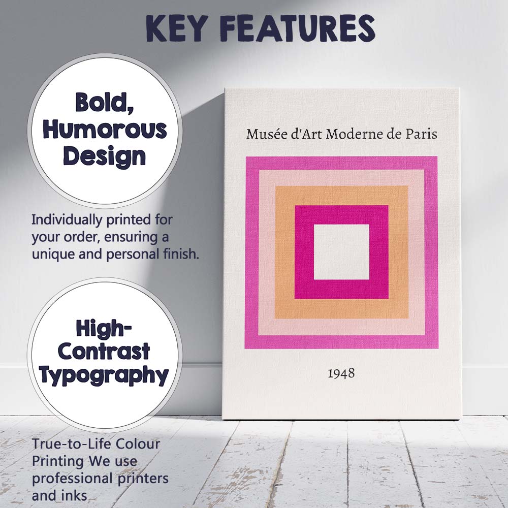 Minimalist Pink Geometric Square Museum Modern Art Canvas Wall Art Print Decor Picture Ready to Hang