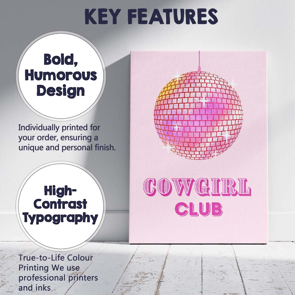 Cowgirl Club Pink Disco Ball Retro Western Typography Canvas Wall Art Print Decor Picture Ready to Hang