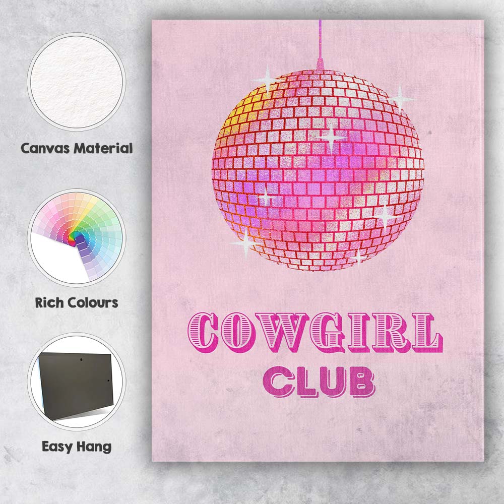 Cowgirl Club Pink Disco Ball Retro Western Typography Canvas Wall Art Print Decor Picture Ready to Hang