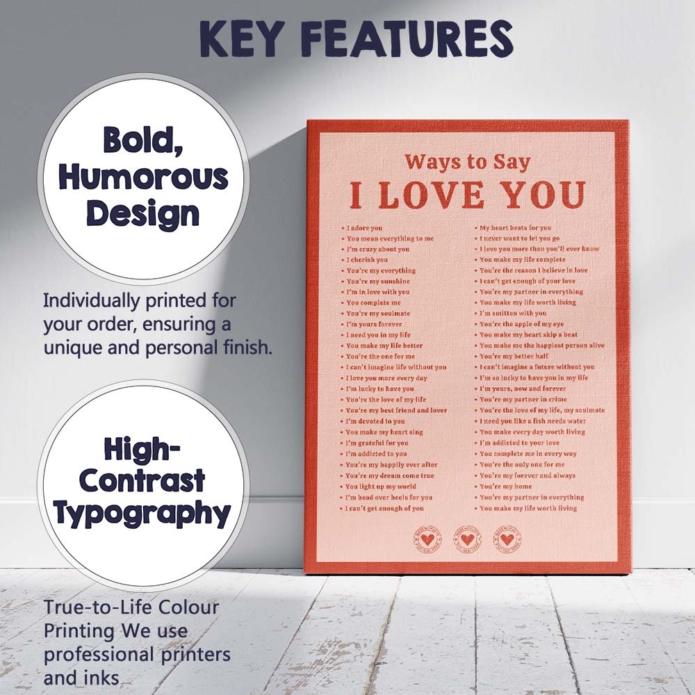 Romantic Ways To Say I Love You Typography Print Canvas Wall Art Print Decor Picture Ready to Hang