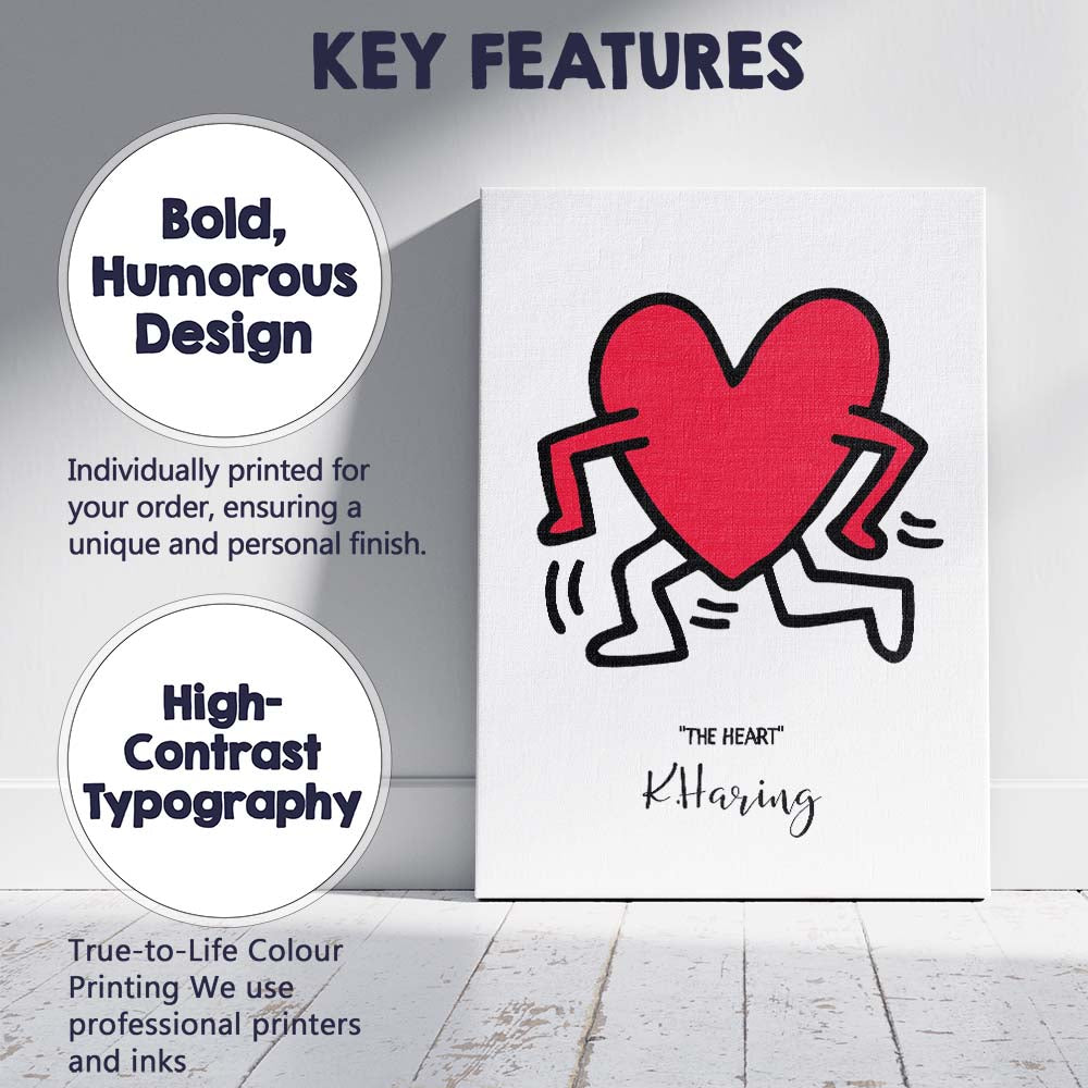 Keith Haring Inspired Running Heart Pop Art Illustration Canvas Wall Art Print Decor Picture Ready to Hang