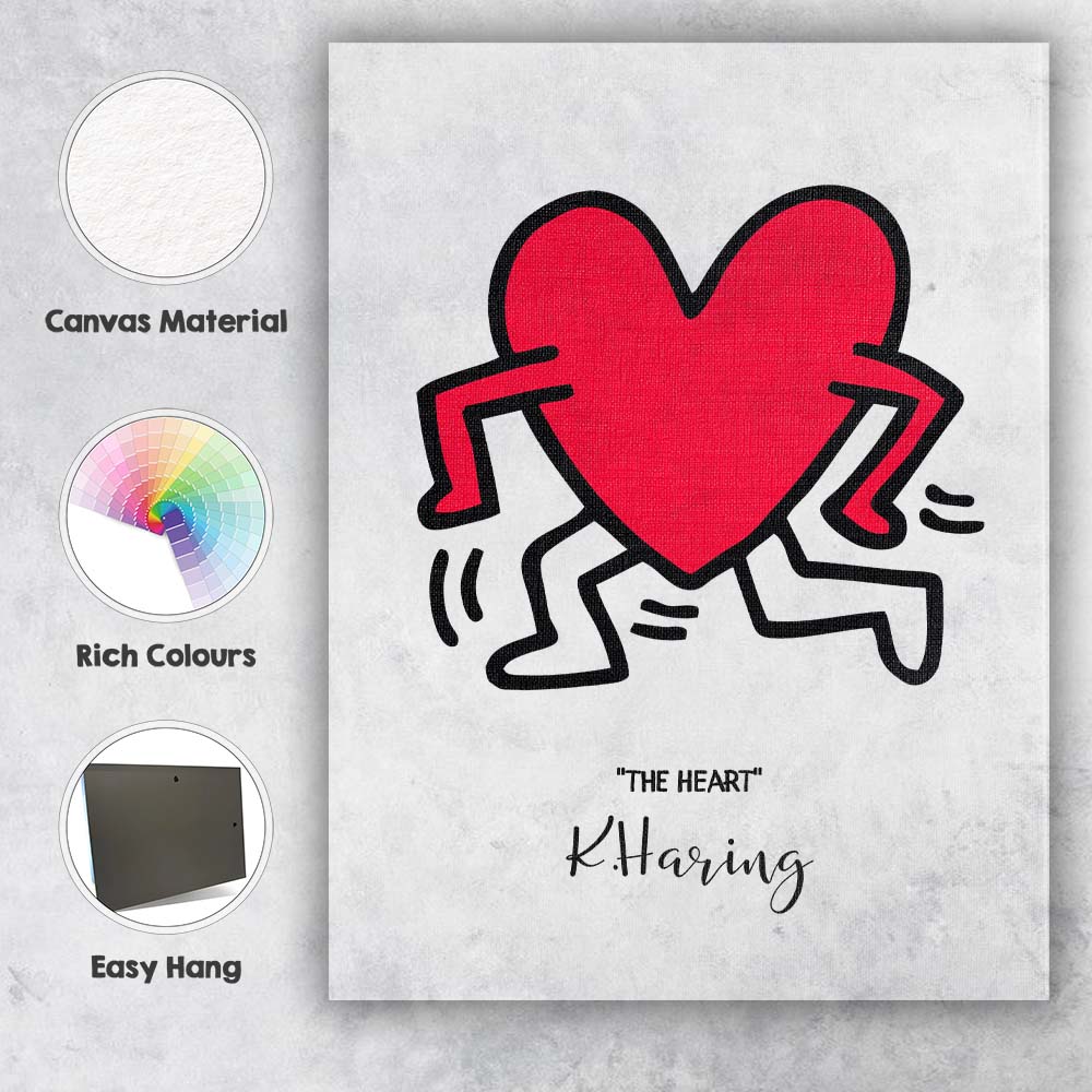 Keith Haring Inspired Running Heart Pop Art Illustration Canvas Wall Art Print Decor Picture Ready to Hang
