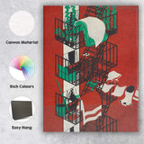 Urban Fire Escape Laundry Architectural Illustration Canvas Wall Art Print Decor Picture Ready to Hang