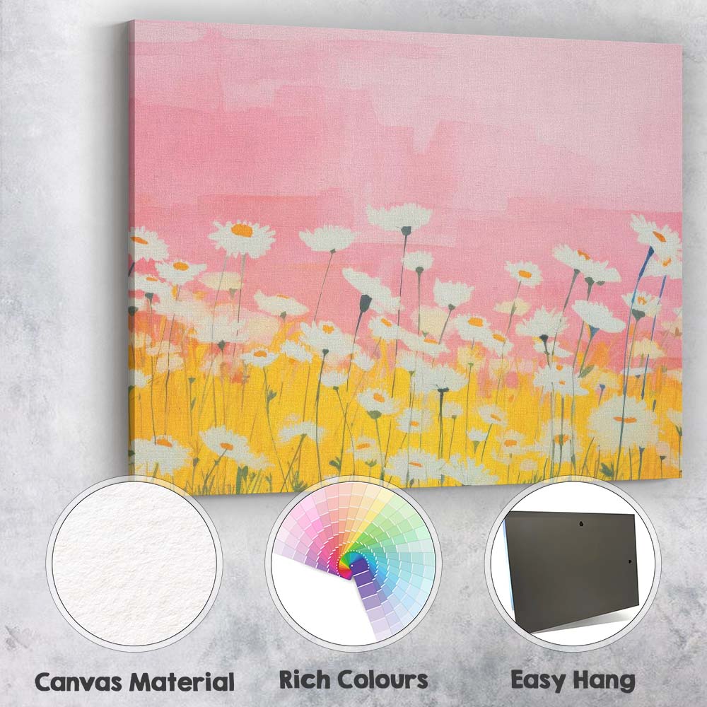Soft Pink Daisy Meadow Watercolour Floral Landscape Canvas Wall Art Print Decor Picture Ready to Hang