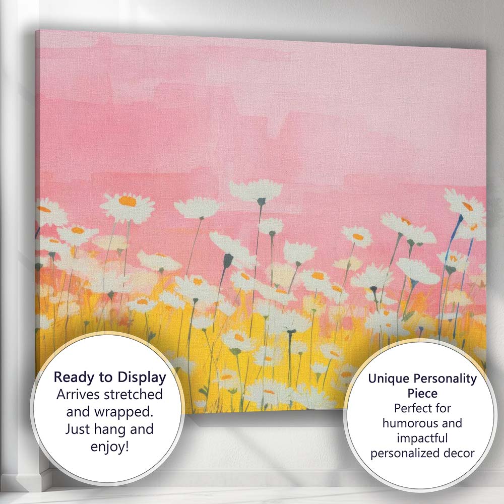 Soft Pink Daisy Meadow Watercolour Floral Landscape Canvas Wall Art Print Decor Picture Ready to Hang