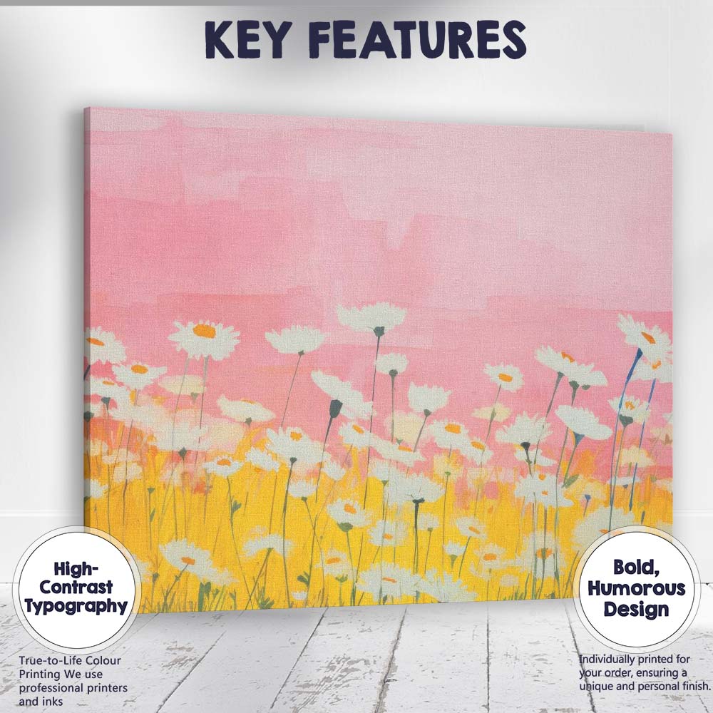 Soft Pink Daisy Meadow Watercolour Floral Landscape Canvas Wall Art Print Decor Picture Ready to Hang