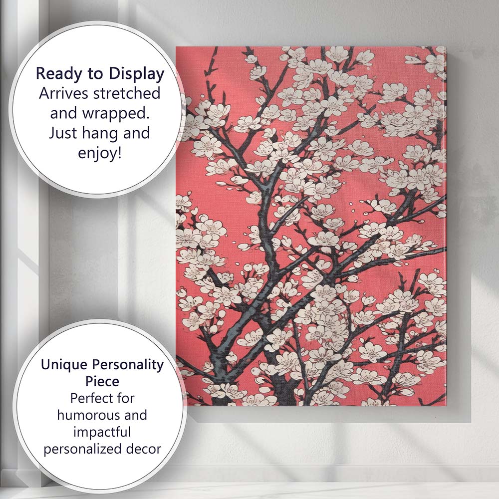 White Cherry Blossom Branch Coral Pink Botanical Canvas Wall Art Print Decor Picture Ready to Hang
