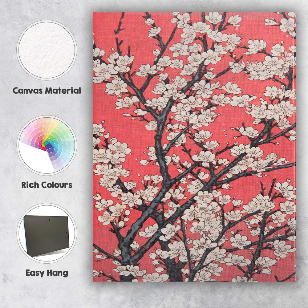 White Cherry Blossom Branch Coral Pink Botanical Canvas Wall Art Print Decor Picture Ready to Hang