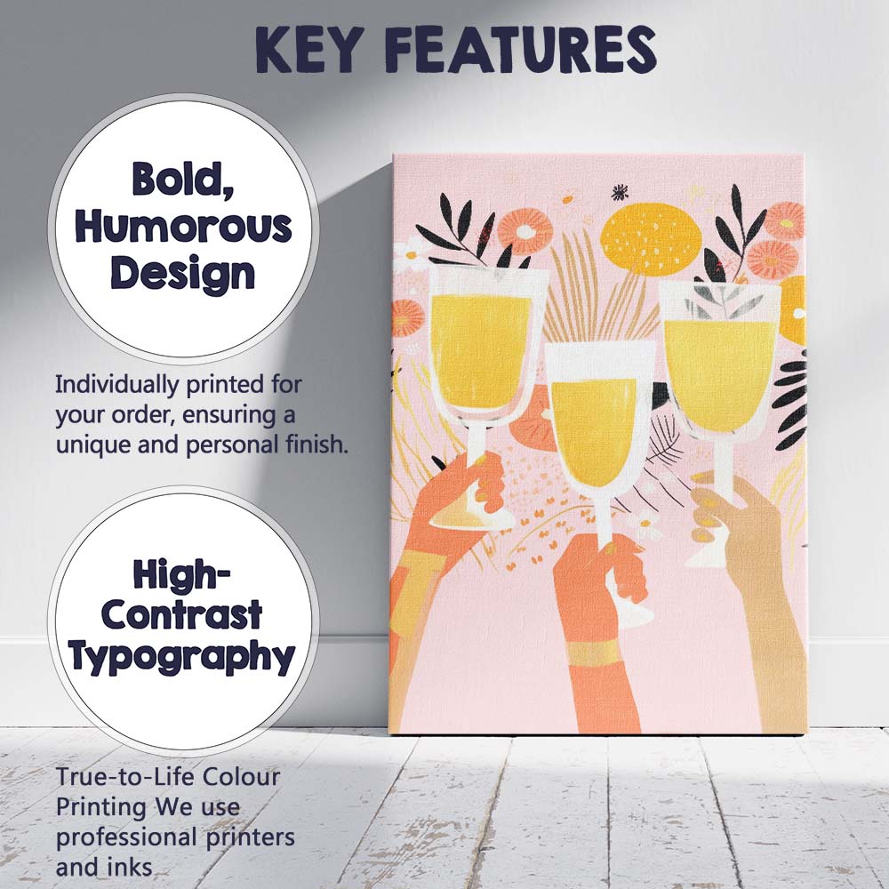 Modern Champagne Celebration Floral Party Illustration Canvas Wall Art Print Decor Picture Ready to Hang