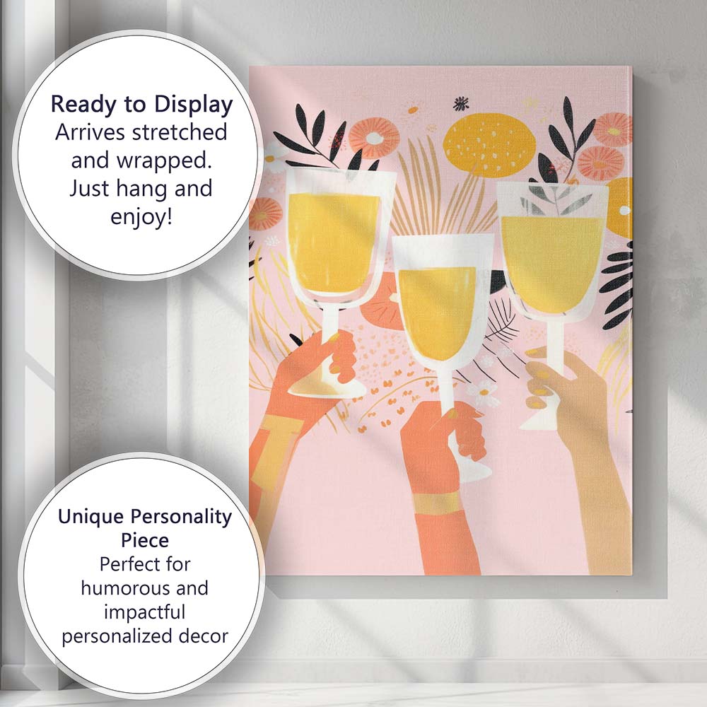 Modern Champagne Celebration Floral Party Illustration Canvas Wall Art Print Decor Picture Ready to Hang