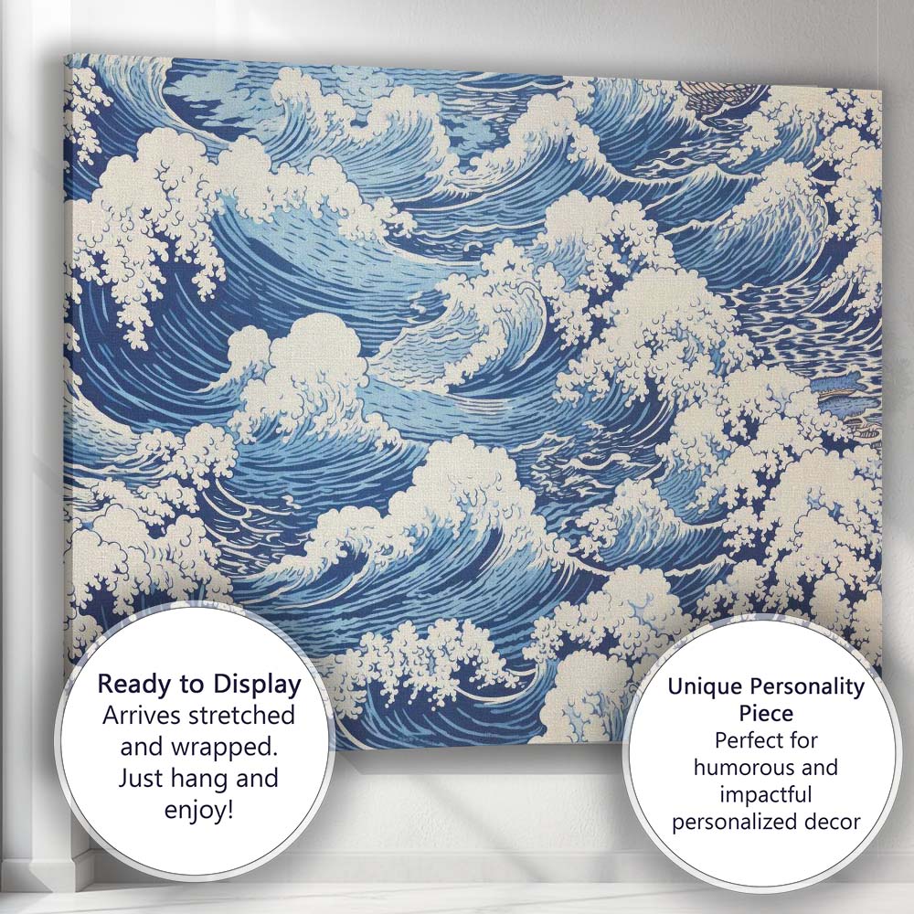 Japanese Style Blue Ocean Waves Repeat Pattern Canvas Wall Art Print Decor Picture Ready to Hang