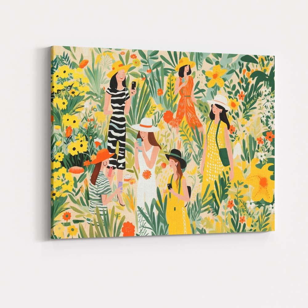Fashionable Women In Floral Garden Smartphone Illustration Canvas Wall Art Print Decor Picture Ready to Hang