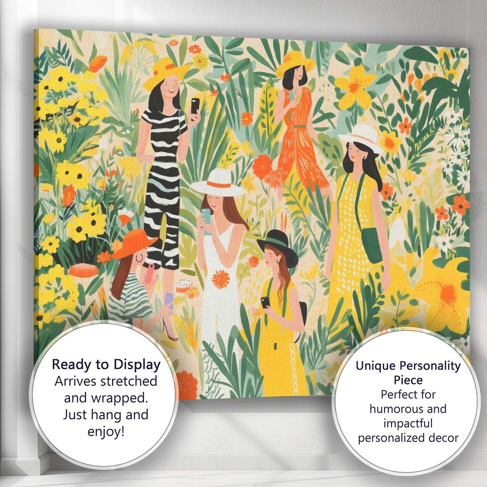 Fashionable Women In Floral Garden Smartphone Illustration Canvas Wall Art Print Decor Picture Ready to Hang