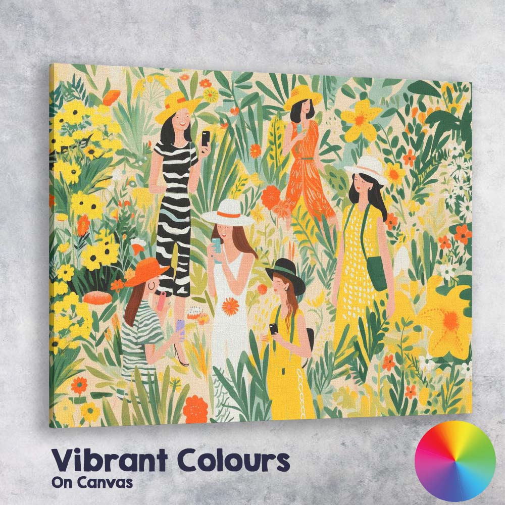 Fashionable Women In Floral Garden Smartphone Illustration Canvas Wall Art Print Decor Picture Ready to Hang