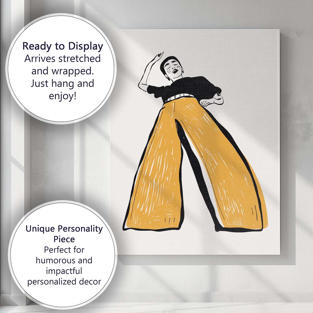 Minimalist Fashion Figure Mustard Wide Leg Trousers Illustration Canvas Wall Art Print Decor Picture Ready to Hang