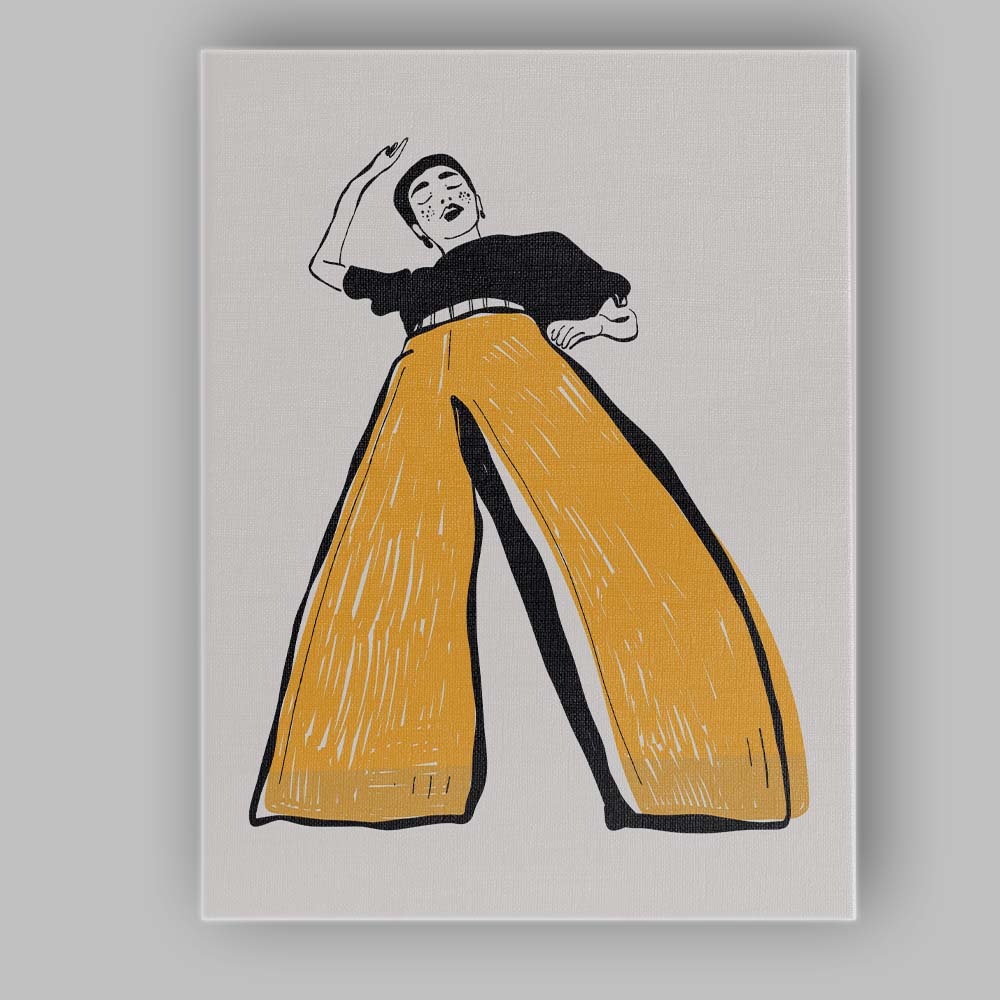 Minimalist Fashion Figure Mustard Wide Leg Trousers Illustration Canvas Wall Art Print Decor Picture Ready to Hang