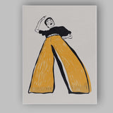 Minimalist Fashion Figure Mustard Wide Leg Trousers Illustration Canvas Wall Art Print Decor Picture Ready to Hang