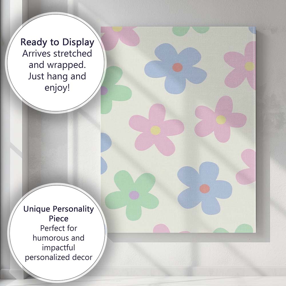 Pastel Retro Daisy Floral Repeat Pattern Canvas Wall Art Print Decor Picture Ready to Hang