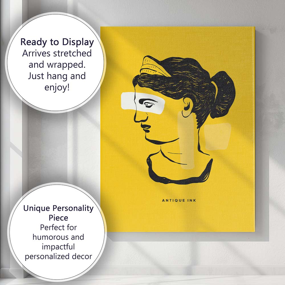 Abstract Female Line Art Portrait Mustard Yellow Minimalist Canvas Wall Art Print Decor Picture Ready to Hang