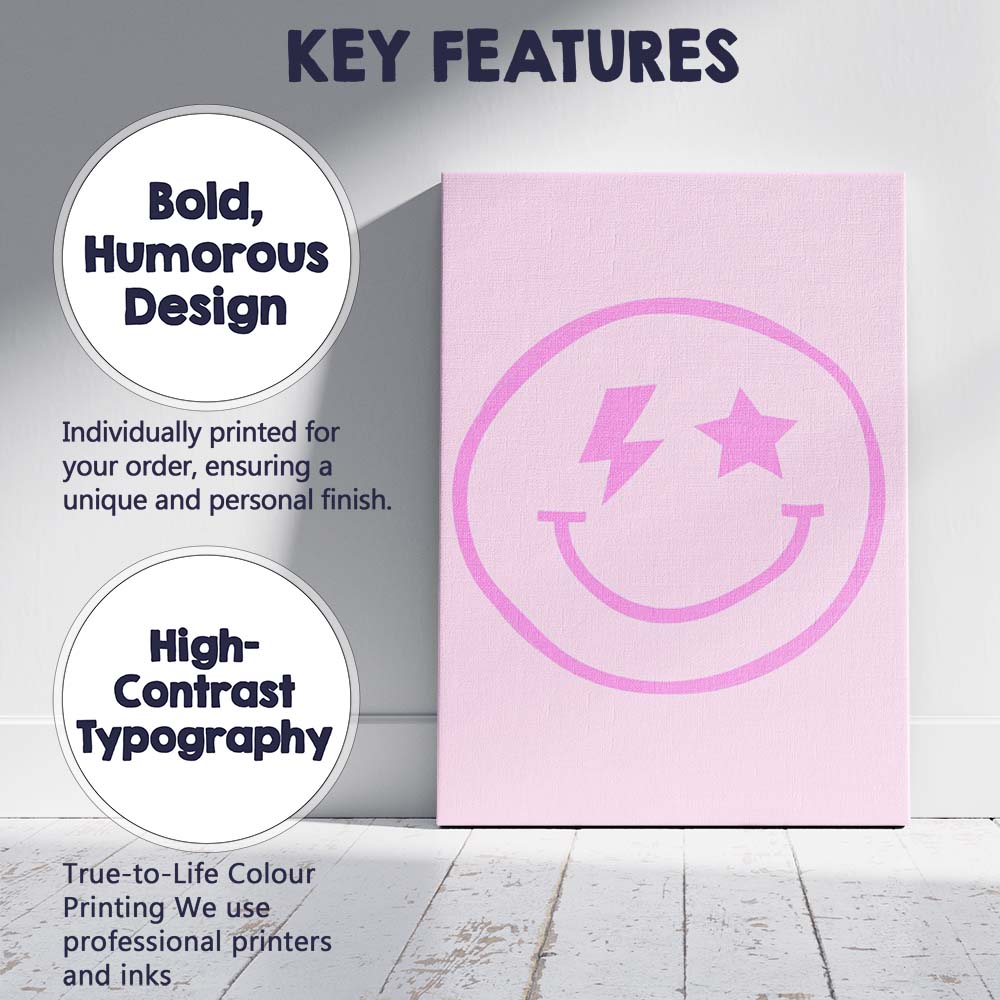 Pink Smiley Face Lightning Star Minimalist Aesthetic Canvas Wall Art Print Decor Picture Ready to Hang
