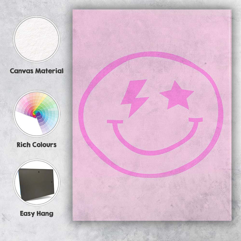Pink Smiley Face Lightning Star Minimalist Aesthetic Canvas Wall Art Print Decor Picture Ready to Hang