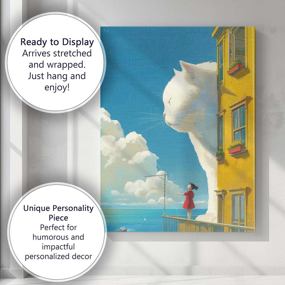 Whimsical Giant White Cat Girl Balcony Fantasy Illustration Canvas Wall Art Print Decor Picture Ready to Hang